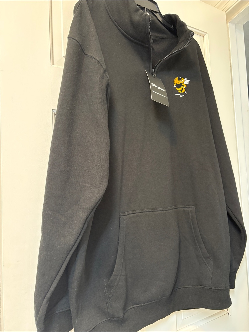 Black Half-Zip Hoodie with Bee Chest Patch